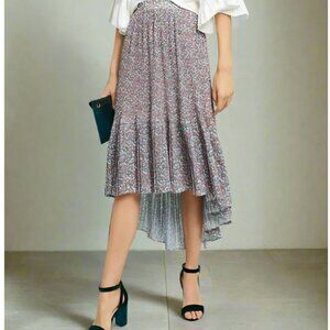 Anthropologie Skirt Womens Medium Petite Pink Midi Floral Chiffon Asymmetric Hem